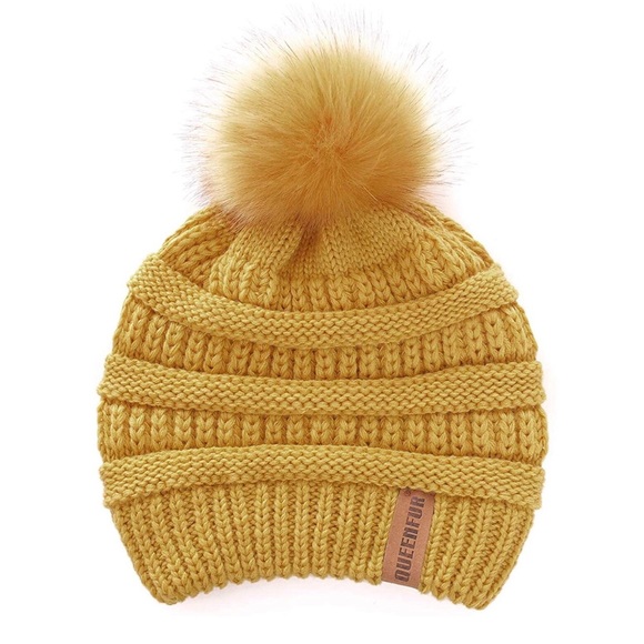 Mustard 5⭐️ Rated Slouchy Knit Beanie w Fur PomPom - Picture 2 of 7